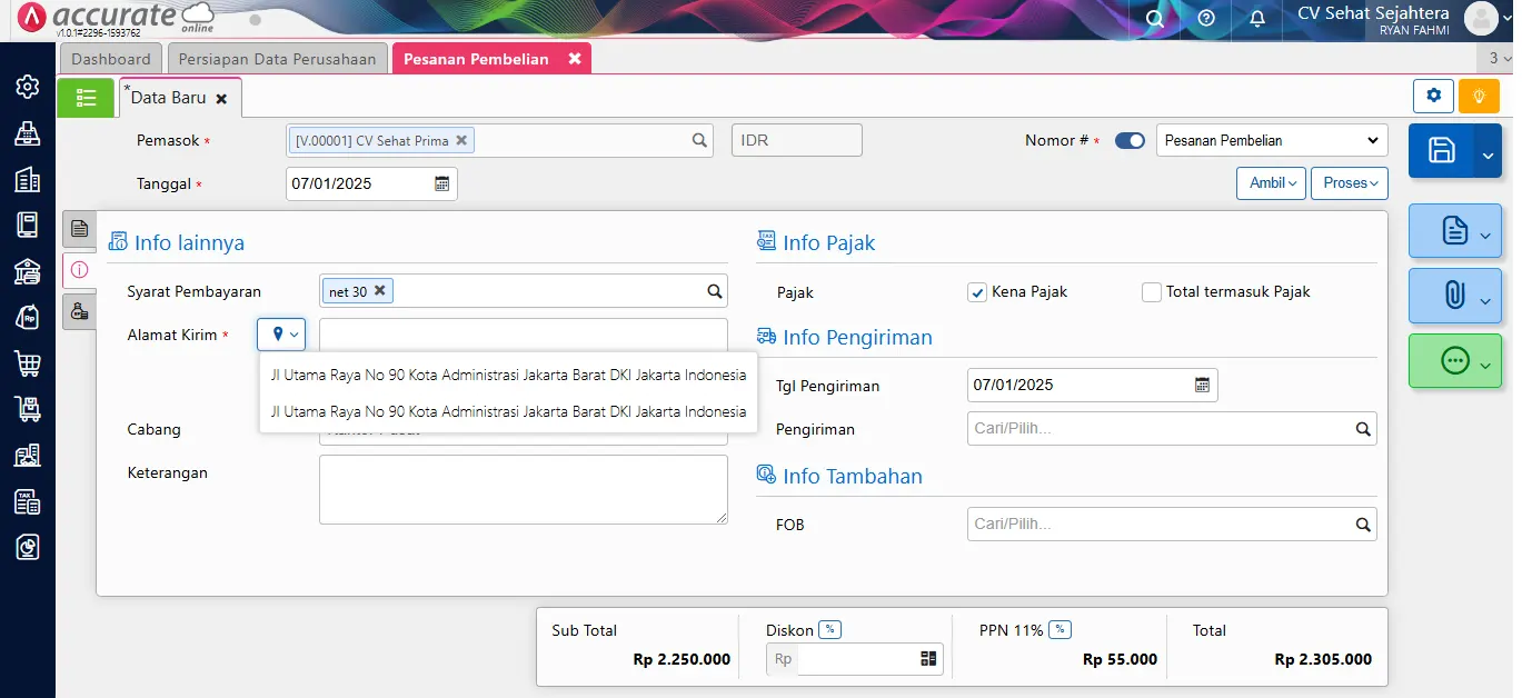membuat pesanan pembelian Accurate Online